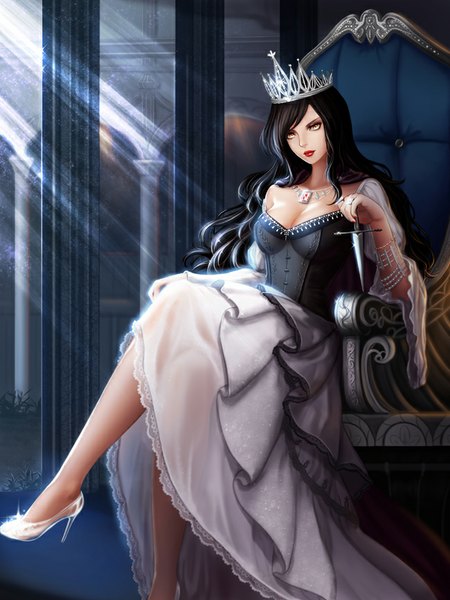 Anime picture 650x867 with original kankito single long hair tall image breasts black hair sitting yellow eyes bent knee (knees) indoors light smile high heels lipstick crossed legs red lipstick girl weapon bracelet necklace