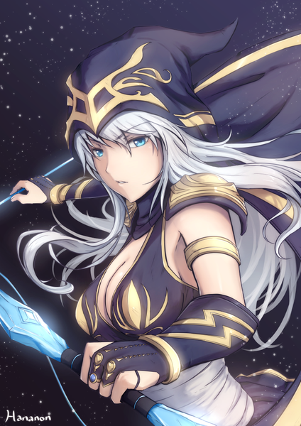 Anime picture 744x1052 with league of legends ashe (league of legends) hananon single long hair tall image looking at viewer fringe breasts blue eyes white hair girl weapon hood cloak clothes bow (weapon) arrow (arrows)