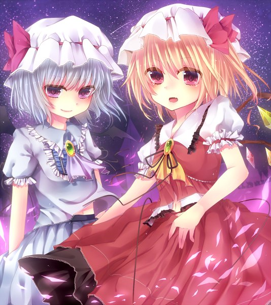 Anime picture 1234x1388 with touhou flandre scarlet remilia scarlet shikke (1877944) tall image looking at viewer short hair open mouth blonde hair red eyes purple eyes multiple girls silver hair girl dress skirt 2 girls petals wings bonnet