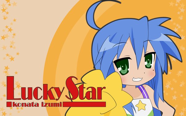 Anime picture 1680x1050 with lucky star kyoto animation izumi konata single long hair smile wide image bare shoulders green eyes blue hair ahoge mole mole under eye cheerleader girl pompon