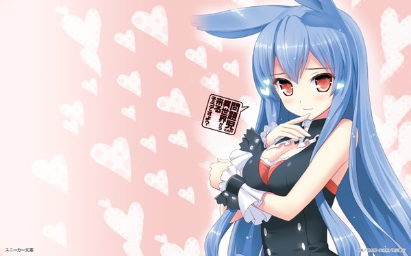 Anime picture 1680x1050 with amano yuu single long hair looking at viewer blush red eyes wide image bare shoulders animal ears blue hair upper body inscription wallpaper hieroglyph finger to mouth breast hold hand to mouth girl heart wrist cuffs