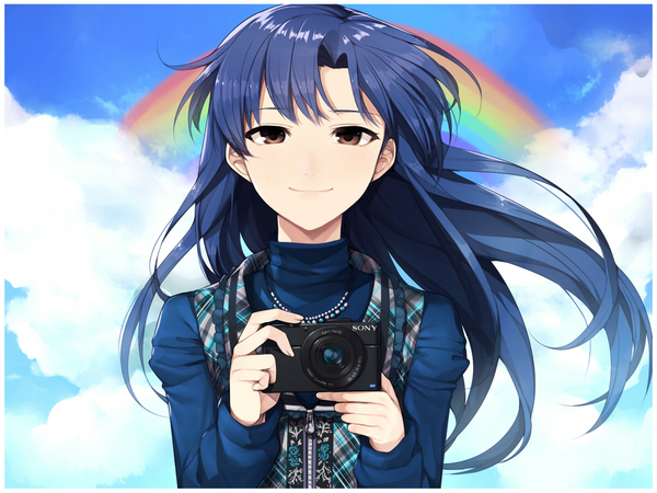 Anime picture 1200x900 with idolmaster kisaragi chihaya hitoto single long hair looking at viewer smile brown eyes blue hair cloud (clouds) wallpaper girl vest blouse camera rainbow