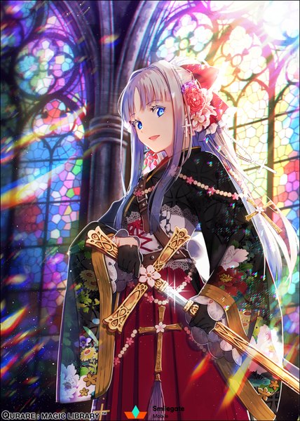 Anime picture 640x896 with original hakusai (tiahszld) single long hair tall image fringe open mouth blue eyes standing holding silver hair traditional clothes japanese clothes pleated skirt multicolored hair hair flower sunlight wide sleeves sparkle from below