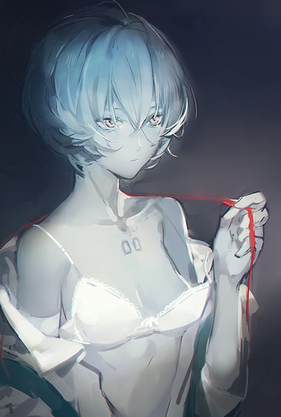 Anime picture 865x1280 with neon genesis evangelion gainax ayanami rei yszx single tall image fringe short hair light erotic simple background hair between eyes blue hair looking away upper body from above dark background undressing white eyes grey skin girl