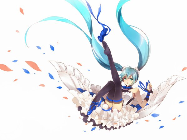 Anime picture 1178x881 with vocaloid hatsune miku centipede (whale2011) single simple background white background twintails very long hair aqua eyes aqua hair legs girl thighhighs dress black thighhighs