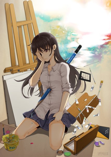 Anime picture 2149x3035 with original oohashiyou (artist) single long hair tall image highres black hair brown eyes murder girl skirt miniskirt shirt pen paint easel paint tube