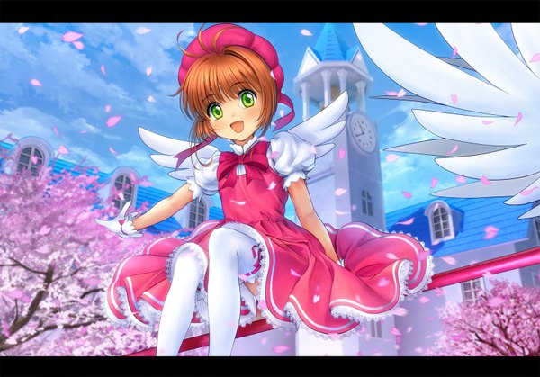 Anime picture 1600x1119 with card captor sakura clamp kinomoto sakura mutsuki (moonknives) single looking at viewer blush short hair open mouth brown hair sitting green eyes sky cloud (clouds) cherry blossoms girl thighhighs dress gloves plant (plants)