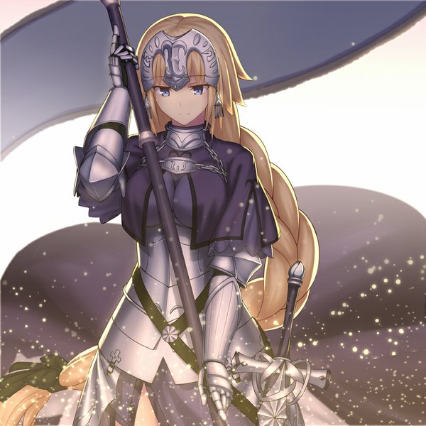 Anime picture 1000x1000 with fate (series) fate/apocrypha type-moon jeanne d'arc (fate) (all) jeanne d'arc (fate) kotera ryou single fringe breasts blue eyes blonde hair smile large breasts standing white background holding looking away braid (braids) very long hair sunlight