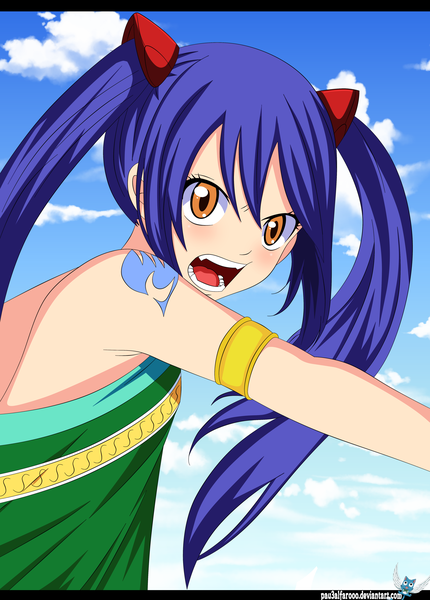 Anime picture 4000x5580 with fairy tail wendy marvell pau3alfarooo single long hair tall image highres open mouth twintails brown eyes blue hair absurdres sky cloud (clouds) loli tattoo coloring angry girl dress