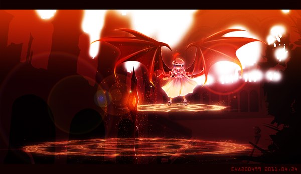Anime picture 1600x930 with touhou remilia scarlet eva200499 short hair red eyes wide image purple hair magic letterboxed demon wings girl dress hat wings headdress magic circle