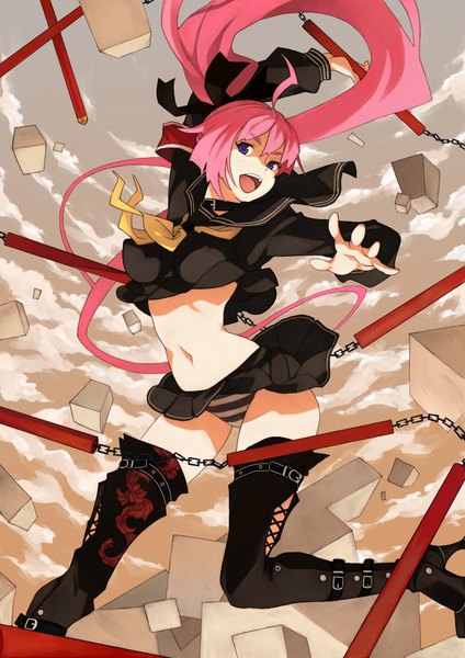 Anime picture 1450x2052 with original penguin caee single long hair tall image open mouth light erotic purple eyes pink hair midriff destruction girl navel underwear panties weapon thigh boots chain