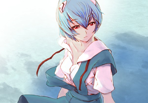Anime picture 1000x700 with neon genesis evangelion gainax ayanami rei wyx2 single short hair red eyes blue hair wind off shoulder girl uniform ribbon (ribbons) school uniform