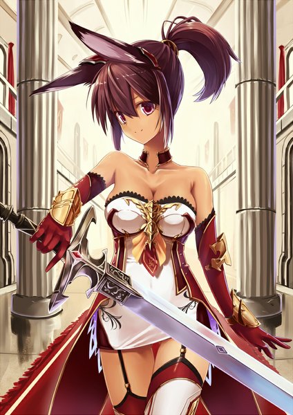 Anime picture 707x1000 with original taletale single tall image short hair smile red eyes brown hair bare shoulders animal ears ponytail girl thighhighs dress gloves weapon sword elbow gloves
