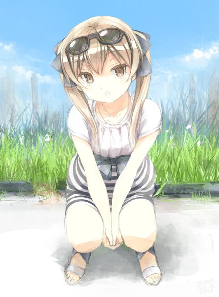 Anime picture 1952x2640 with original ycums (artist) long hair tall image looking at viewer highres open mouth brown hair twintails brown eyes sky cloud (clouds) squat girl dress plant (plants) shoes grass sunglasses