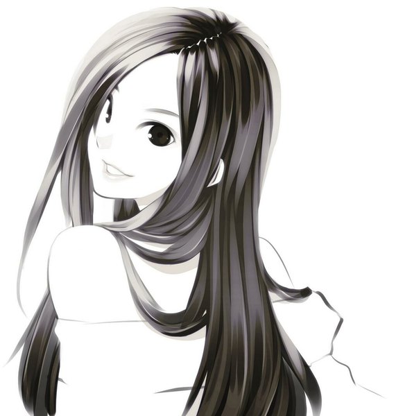 Anime-Bild 1023x1075 mit original poaro single long hair tall image smile brown hair white background brown eyes signed from behind turning head portrait pale skin girl
