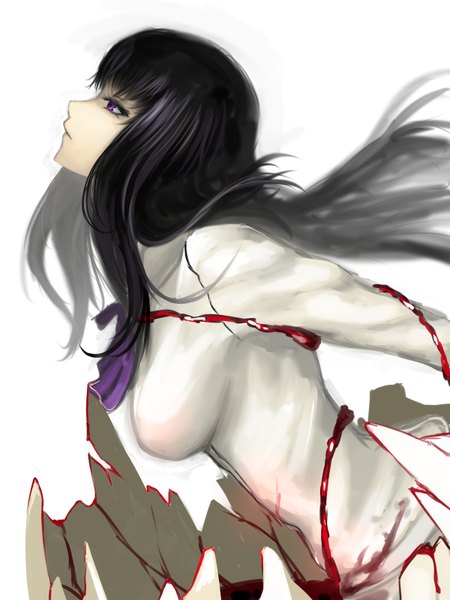 Anime picture 1200x1600 with kara no shoujo innocent grey kuchiki touko kumiko shiba single long hair tall image highres breasts black hair white background purple eyes looking away profile girl blood eggshell