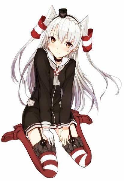 Anime picture 1200x1742 with kantai collection amatsukaze destroyer 96tuki single long hair tall image looking at viewer blush simple background white background sitting brown eyes white hair light smile two side up girl thighhighs gloves uniform hair ornament