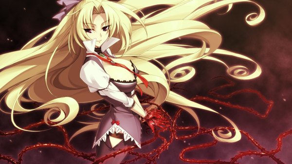 Anime picture 2048x1152 with full metal daemon muramasa nitroplus long hair highres breasts light erotic blonde hair wide image large breasts cleavage black eyes girl thighhighs dress bow hair bow blood jewelry thorns locket