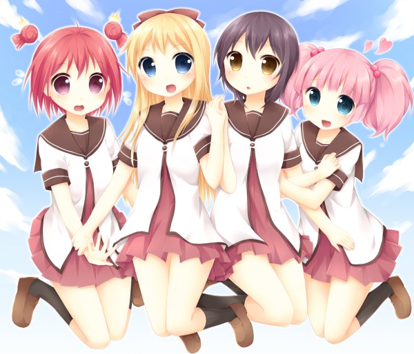 Anime picture 1200x1028 with touhou toshinou kyouko akaza akari yoshikawa chinatsu funami yui hazuki (sutasuta) long hair short hair blue eyes black hair purple eyes multiple girls yellow eyes pink hair red hair girl uniform school uniform socks black socks