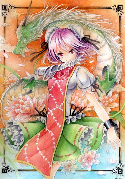 Anime picture 1047x1500 with touhou ibaraki kasen koutei (touhou) mosho single tall image looking at viewer blush short hair smile red eyes signed pink hair hair bun (hair buns) chinese clothes traditional media watercolor (medium) girl flower (flowers) bandage (bandages)