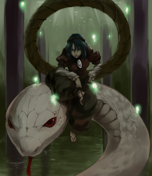 Anime picture 1822x2100 with touhou yasaka kanako mishaguji hinomoto madoka single tall image highres short hair red eyes sitting blue hair looking away black eyes hand on hip girl snake rope