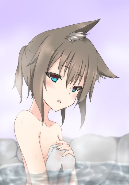 Anime picture 1200x1713 with original harujiya (setugetuka) single tall image looking at viewer blush fringe short hair blue eyes light erotic hair between eyes brown hair bare shoulders animal ears payot upper body ponytail parted lips cat ears cat girl