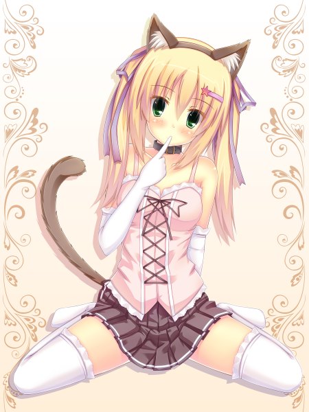 Anime picture 1800x2400 with original sena (ichiroku) ichiroku single long hair tall image blush highres blonde hair twintails green eyes animal ears cat ears cat tail girl thighhighs gloves hair ornament white thighhighs elbow gloves