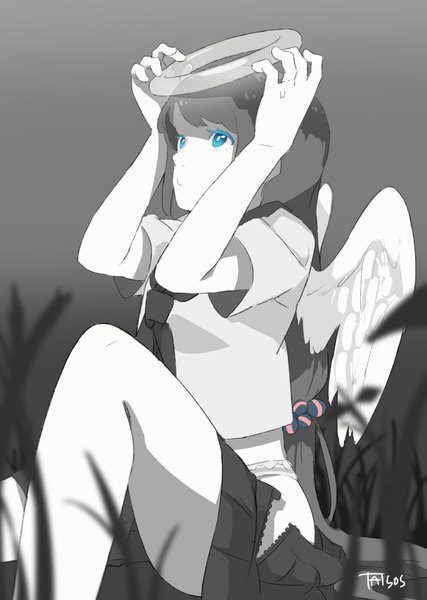 Anime picture 2549x3583 with vocaloid hatsune miku taisos single long hair tall image fringe highres blue eyes sitting signed pleated skirt grey hair open clothes arms up monochrome angel wings angel open skirt girl
