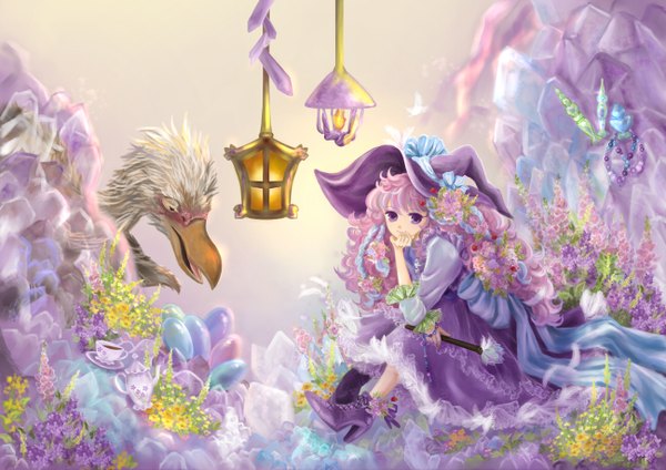 Anime picture 1298x918 with original akko (pixiv) long hair smile sitting purple eyes multicolored hair hair flower witch girl dress hair ornament flower (flowers) plant (plants) animal bird (birds) witch hat cup lantern teapot