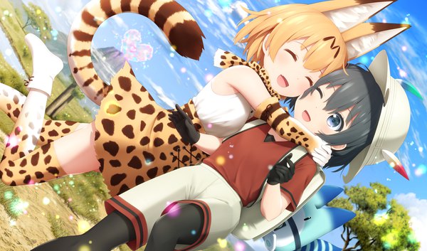 Anime picture 1350x796 with kemono friends serval (kemono friends) kaban (kemono friends) lucky beast (kemono friends) haribote (tarao) blush short hair open mouth blue eyes black hair blonde hair smile wide image multiple girls animal ears sky cloud (clouds) bent knee (knees) tail eyes closed