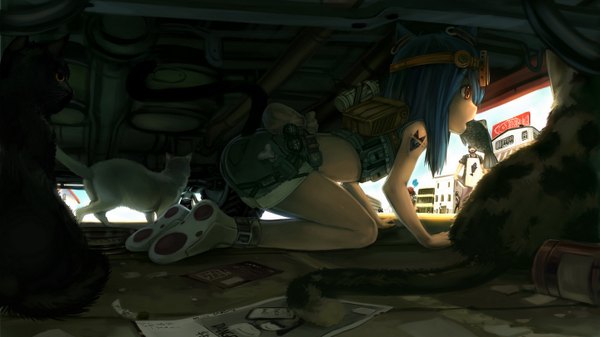 Anime picture 1445x814 with observerz single long hair wide image blue hair orange eyes tattoo eating girl animal shoes shorts cat fish (fishes) goggles
