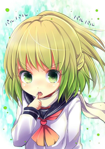 Anime picture 1018x1440 with touhou mizuhashi parsee uta (kuroneko) single tall image blush short hair open mouth blonde hair green eyes looking away multicolored hair green hair from above alternate costume finger to mouth gradient hair half updo girl uniform