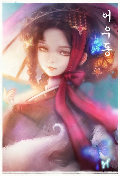 Anime picture 612x900 with original xhilia7 single long hair tall image looking at viewer brown hair brown eyes signed upper body tail braid (braids) traditional clothes animal tail fox tail side braid korean korean clothes girl hair ornament