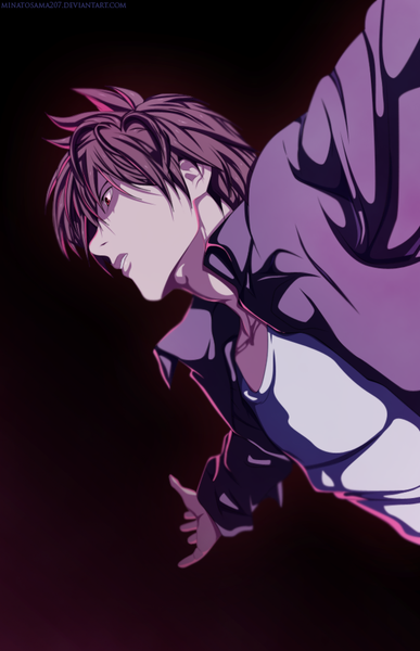 Anime picture 652x1009 with death note madhouse yagami light minatosama207 single tall image short hair red eyes brown hair open clothes open shirt coloring dark background spread arms boy shirt
