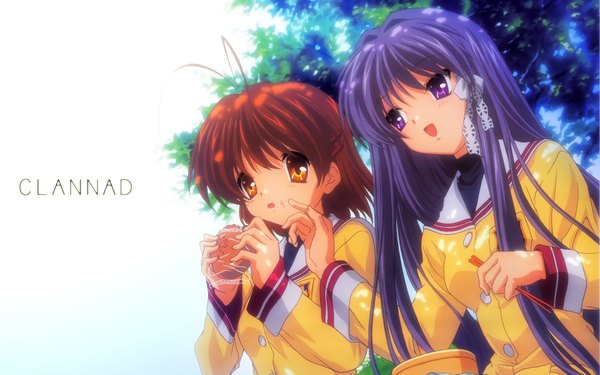 Anime picture 1920x1200 with clannad key (studio) furukawa nagisa fujibayashi kyou long hair highres short hair open mouth brown hair wide image sitting multiple girls yellow eyes purple hair wallpaper copyright name girl uniform hair ornament ribbon (ribbons)