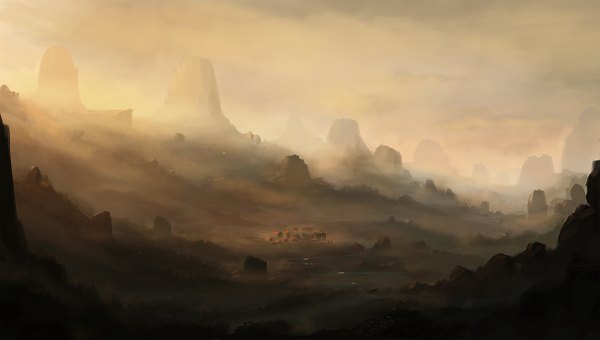 Anime picture 1300x738 with original blinck (artist) wide image landscape fog morning