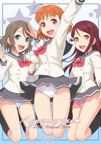 イラスト 700x993 と ラブライブ!サンシャイン!! サンライズ love live! 桜内梨子 渡辺曜 高海千歌 ha-ru 長髪 長身像 赤面 短い髪 開いた口 青い目 light erotic 笑顔 赤い目 茶色の髪 multiple girls 黄色眼 アホ毛