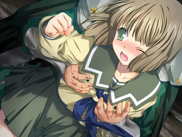 Anime picture 1024x768 with rance (series) rance quest sachiko centers blush fringe short hair breasts open mouth light erotic brown hair green eyes looking away game cg one eye closed leaning breast grab girl boy skirt uniform