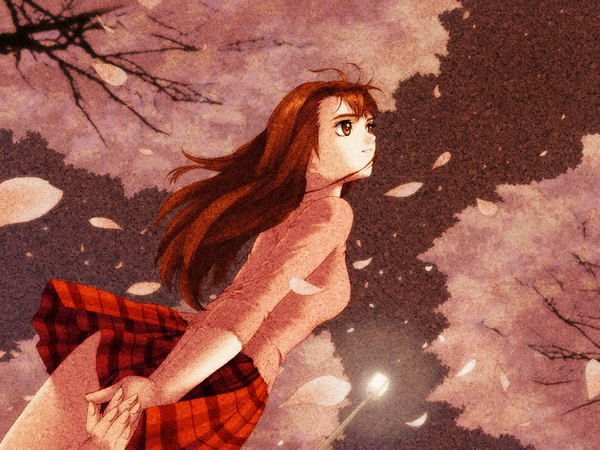 Anime picture 1024x768 with room with lina kanzaki rina tony taka single long hair brown hair standing brown eyes outdoors night dutch angle cherry blossoms plaid skirt looking up hands behind back third-party edit girl skirt petals red skirt