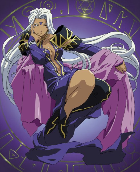 Anime picture 1960x2400 with aa megami-sama anime international company urd single long hair tall image looking at viewer highres purple eyes white hair one eye closed wink scan dark skin facial mark girl dress navel