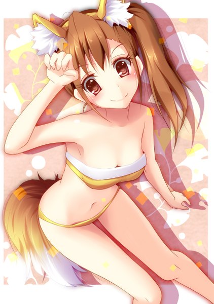 Anime picture 880x1250 with idolmaster futami mami natsu (anta tte hitoha) single long hair tall image looking at viewer light erotic brown hair bare shoulders brown eyes animal ears tail animal tail shadow midriff girl navel