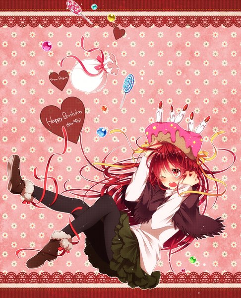 Anime picture 1200x1480 with suisyounohosizora (artist) single long hair tall image blush open mouth red eyes red hair one eye closed wink legs happy birthday girl dress ribbon (ribbons) food shoes heart sweets cake