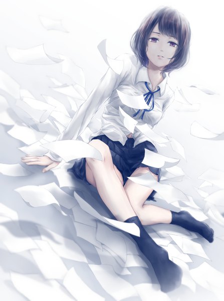 Anime picture 745x1000 with original nuwanko single tall image looking at viewer short hair black hair sitting brown eyes full body bent knee (knees) pleated skirt arm support no shoes girl skirt uniform school uniform shirt socks