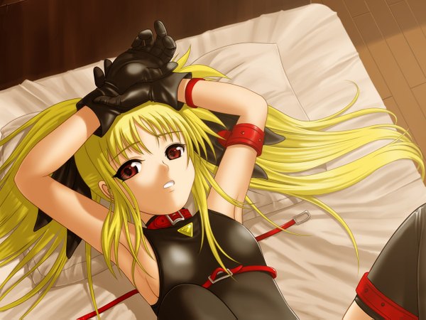 Anime picture 1300x975 with mahou shoujo lyrical nanoha fate testarossa 40010prototype long hair light erotic blonde hair red eyes lying spread legs flat chest girl thighhighs gloves pillow bed collar