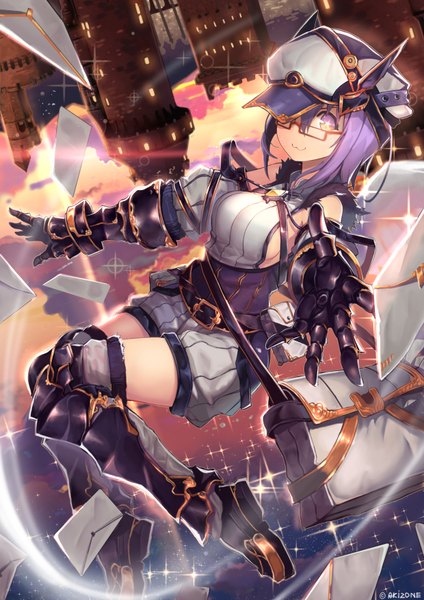 Anime picture 2480x3508 with original akizone single tall image highres short hair purple eyes purple hair :3 upside down girl glasses boots armor bag flat cap castle letter