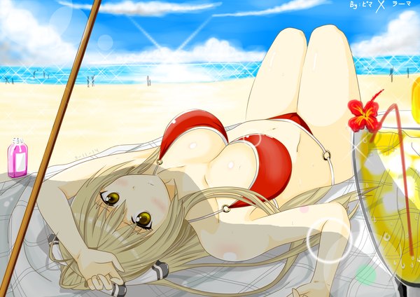Anime picture 4092x2893 with amagi brilliant park kyoto animation sento isuzu tagme (artist) single long hair looking at viewer highres breasts light erotic blonde hair yellow eyes absurdres sky cloud (clouds) lying beach girl navel swimsuit