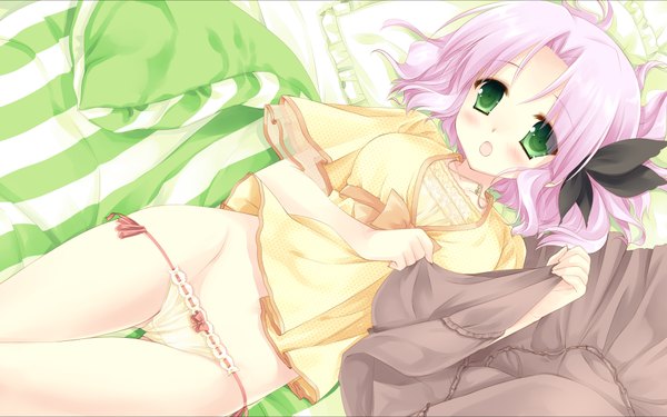 Anime picture 1920x1200 with cafe sourire cuffs (studio) mizushima kasumi miyasu risa highres short hair open mouth light erotic wide image green eyes pink hair lying girl underwear panties