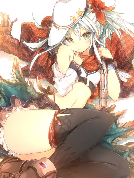 Anime picture 800x1060 with kantai collection hibiki destroyer verniy destroyer sune (mugendai) single long hair tall image looking at viewer blush fringe blue eyes light erotic hair between eyes bare shoulders bent knee (knees) white hair lying pleated skirt from above bare belly