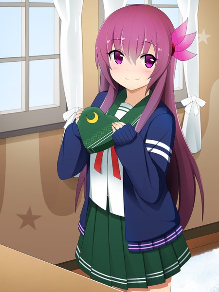 Anime picture 1200x1600 with kantai collection kisaragi destroyer yakitori (oni) single long hair tall image blush fringe smile hair between eyes purple eyes purple hair long sleeves from above valentine remodel (kantai collection) girl uniform hair ornament serafuku