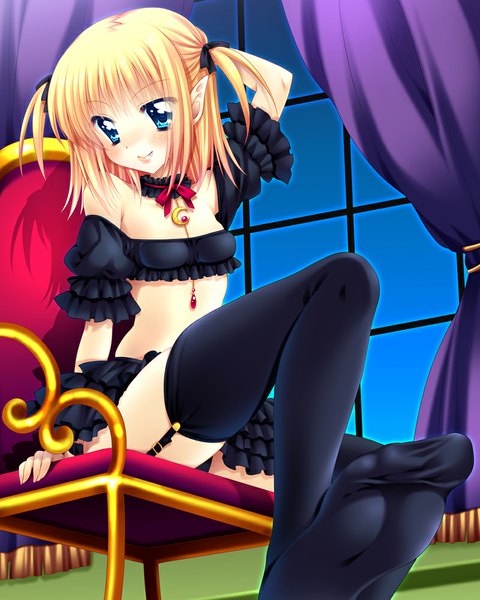 Anime picture 800x1000 with original araiguma single long hair tall image blush blue eyes light erotic blonde hair smile sitting twintails pointy ears pantyshot legs short twintails pantyshot sitting girl thighhighs underwear